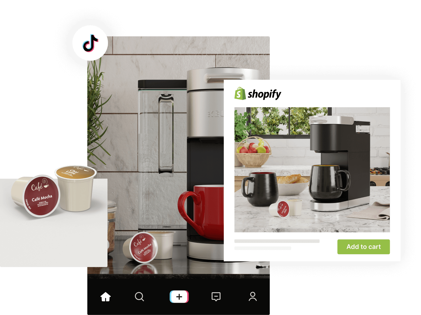 coffee pods and coffee maker product visuals in imagine.io 3D kitchen templates on tiktok and shopify
