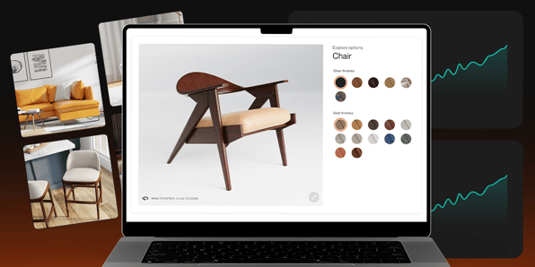  Laptop featuring imagine.io’s 3D configurator, where you can effortlessly customize a sleek chair with different finishes. Surrounding images show beautifully styled furniture, while subtle graphs hint at the sales magic customization brings to your eCommerce game.