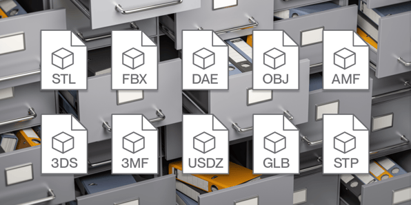 A collection of open filing cabinets filled with folders, overlaid with icons representing different 3D file formats. The file format icons include STL, FBX, DAE, OBJ, AMF, 3DS, 3MF, USDZ, GLB, and STP.