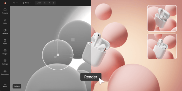 A split-screen interface of a 3D rendering software. On the left side, a grayscale workspace with 3D modeling tools and an object selection cursor. On the right side, a fully rendered scene featuring pink spheres and white wireless earbuds in a charging case. A 'Render' button is highlighted, demonstrating the transformation from raw 3D model to a polished final image.