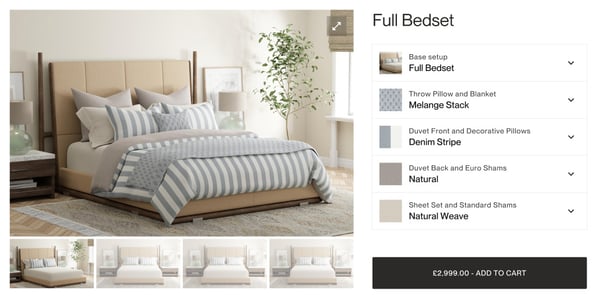 3D product configurator interface showcasing a customizable bed with options for pillows, duvet covers, and sheets