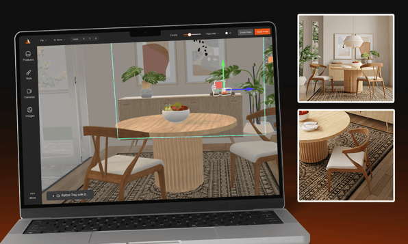 Laptop displaying imagine.io’s 3D visualization software with a dining room scene, showcasing tools for styling, product placement, and camera adjustments. Inset images highlight realistic, high-quality renders from different angles, emphasizing customization and professional visual output.