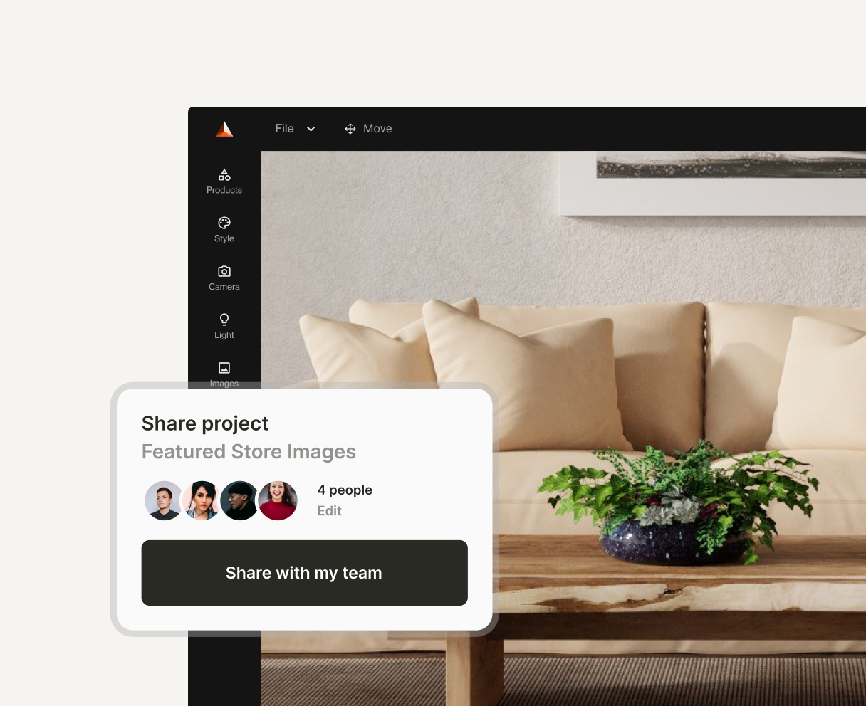 Couch design in imagine.io curator and share with team function