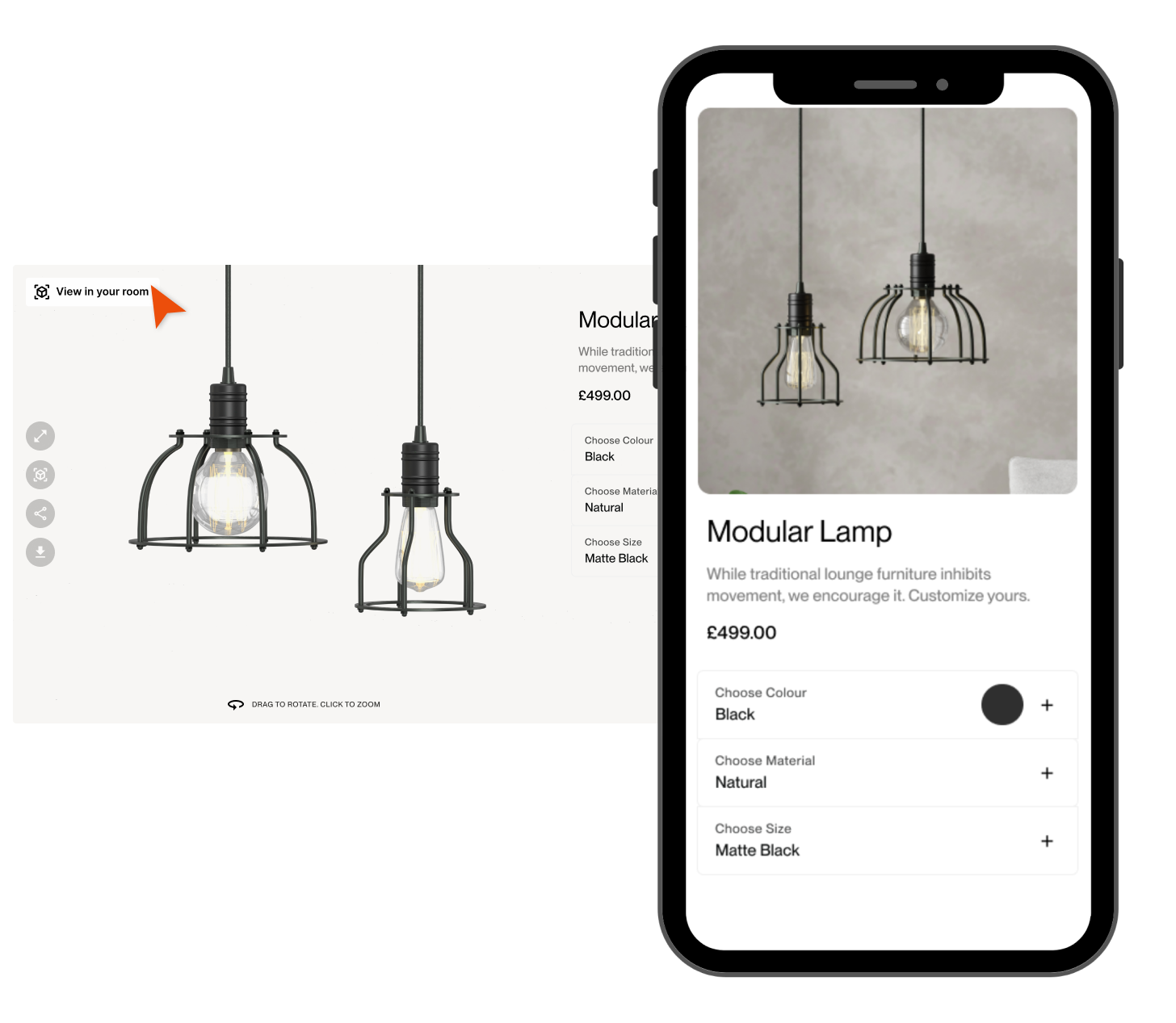 VR view of light fixture on mobile