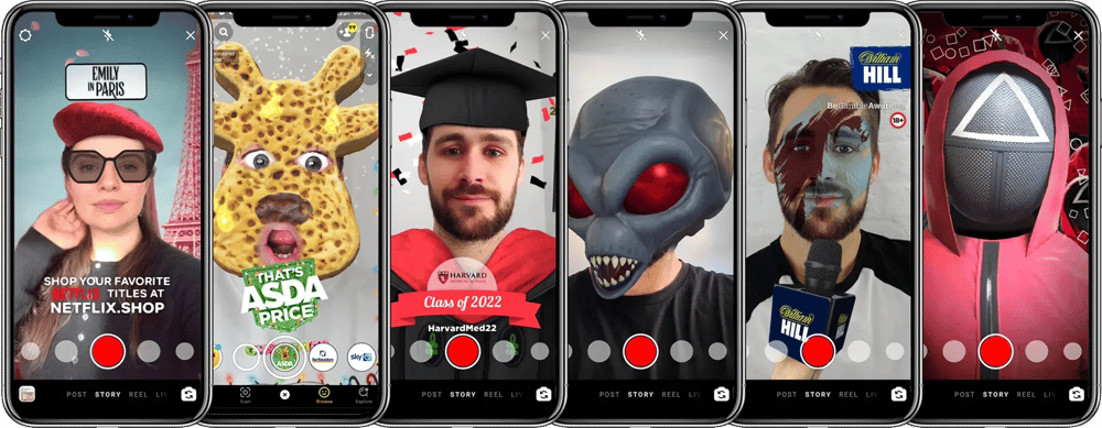 A series of smartphones displaying various augmented reality (AR) filters and effects, including promotional content, facial modifications, and themed overlays from brands and entertainment franchises.