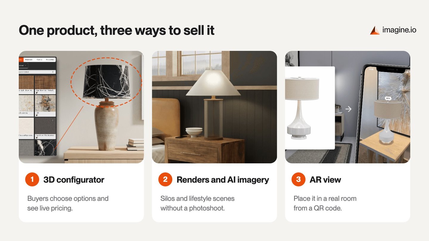 One table lamp shown as a 3D configurator, a lifestyle render and an AR view