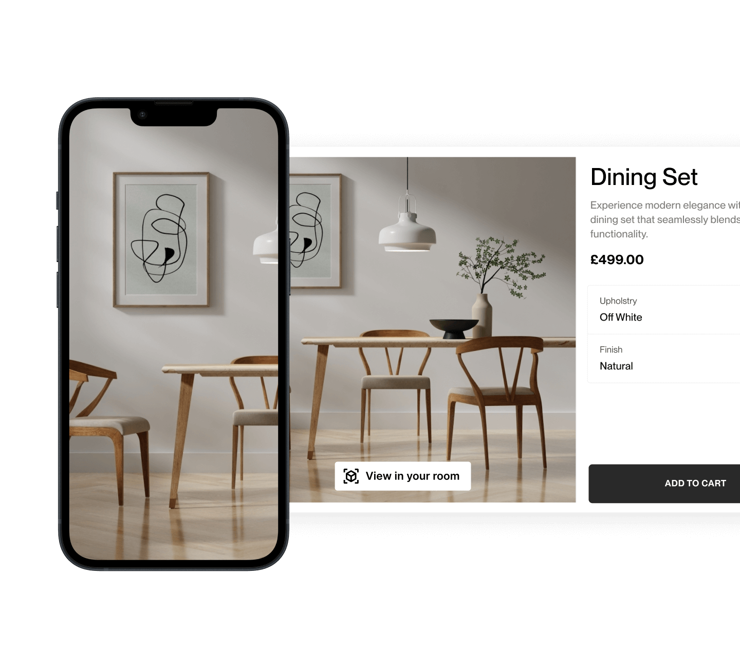 Lifestyle shot of dining set placed inside a room with AR