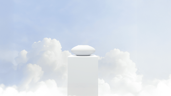 Minimal white product displayed on a pedestal against soft cloud-inspired background, inspired by Pantone Cloud Dancer color palette